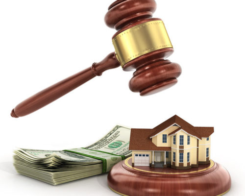 House auction concept. 3d illustration of wooden gavel with house and money on white background.